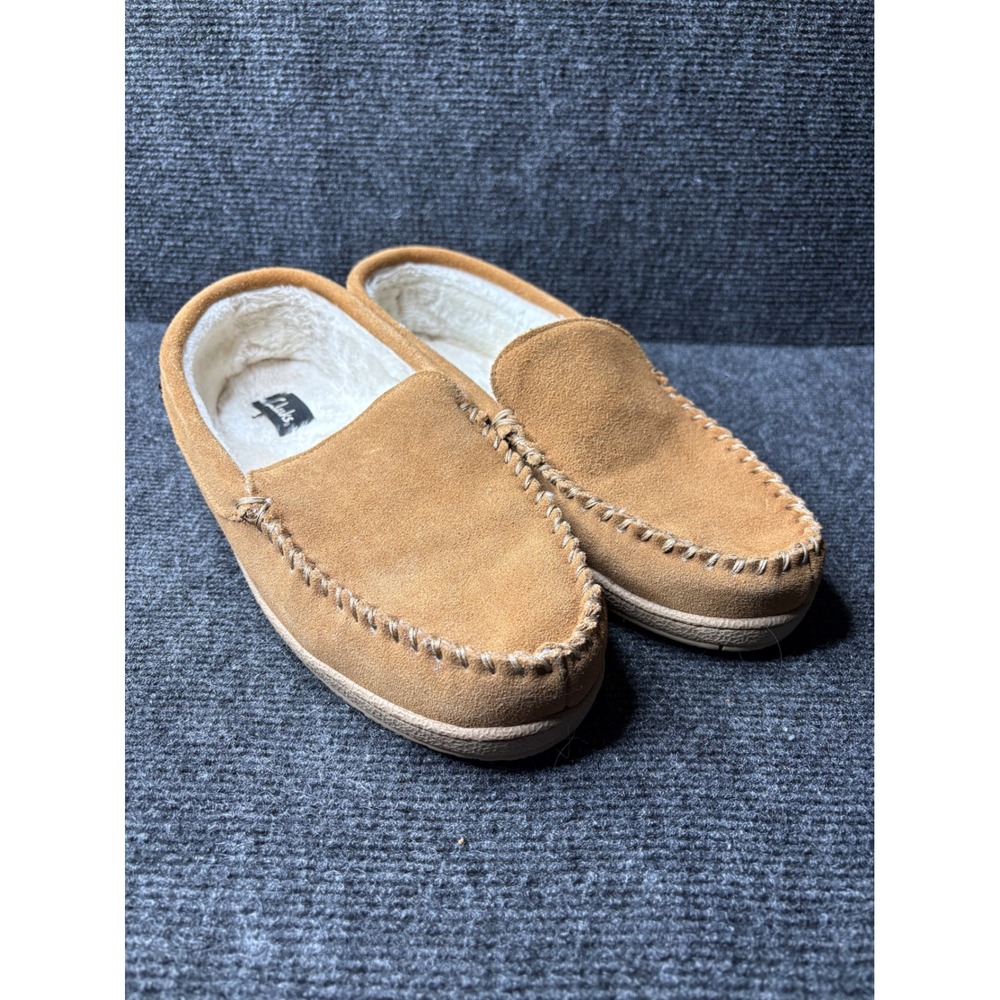 Clarks Mens Tan Suede Moccasin Slippers Faux Fur Lined GF2448M Size 11M